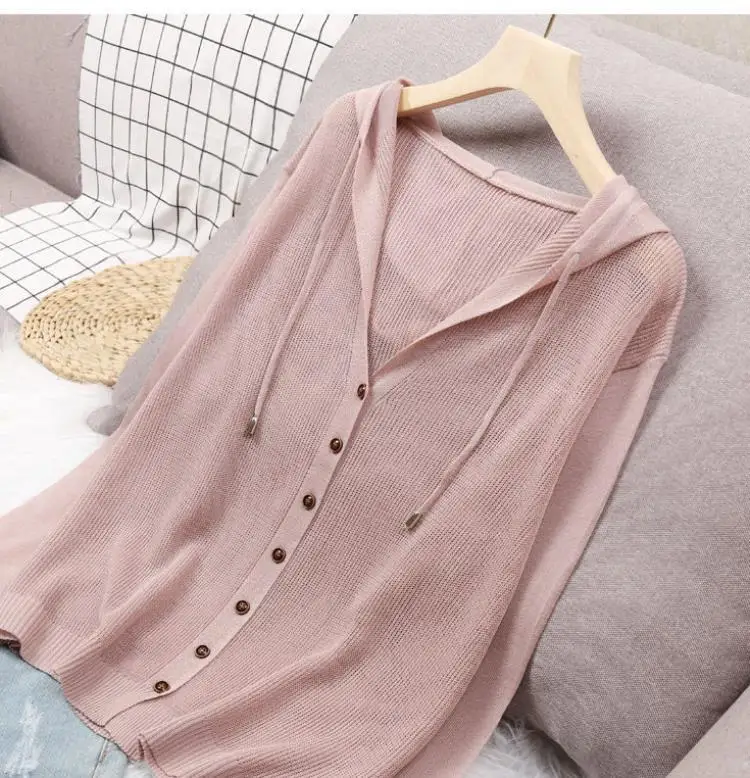 Women's Hoodie Spring Summer Knit Cardigan Coat Women's Hooded Top Sweater Thin Hollow Out Sun Protection Jacket Korean Fashion