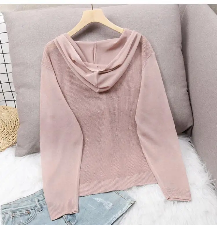 Women's Hoodie Spring Summer Knit Cardigan Coat Women's Hooded Top Sweater Thin Hollow Out Sun Protection Jacket Korean Fashion