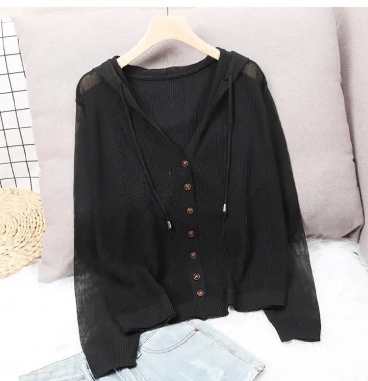 Women's Hoodie Spring Summer Knit Cardigan Coat Women's Hooded Top Sweater Thin Hollow Out Sun Protection Jacket Korean Fashion