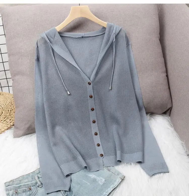 Women's Hoodie Spring Summer Knit Cardigan Coat Women's Hooded Top Sweater Thin Hollow Out Sun Protection Jacket Korean Fashion