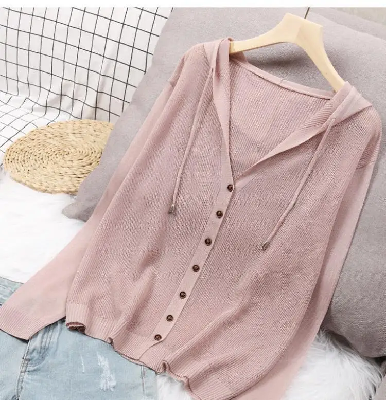 Women's Hoodie Spring Summer Knit Cardigan Coat Women's Hooded Top Sweater Thin Hollow Out Sun Protection Jacket Korean Fashion
