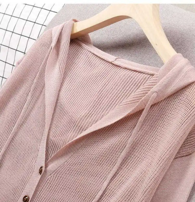Women's Hoodie Spring Summer Knit Cardigan Coat Women's Hooded Top Sweater Thin Hollow Out Sun Protection Jacket Korean Fashion