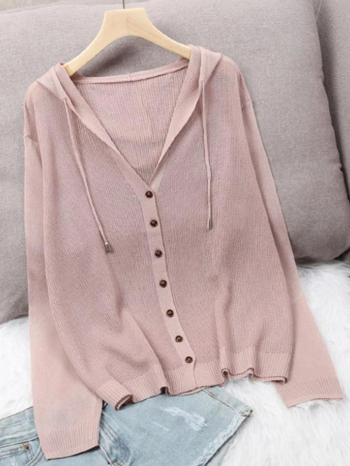 Women's Hoodie Spring Summer Knit Cardigan Coat Women's Hooded Top Sweater Thin Hollow Out Sun Protection Jacket Korean Fashion