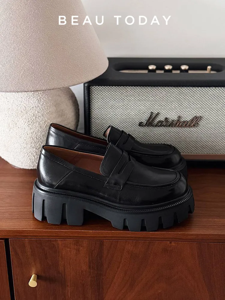BEAUTODAY Platform Penny Loafers Women Genuine Cow Leather Round Toe 2023 Slip On Chunky Sole Ladies Casual Shoes Handmade 27733