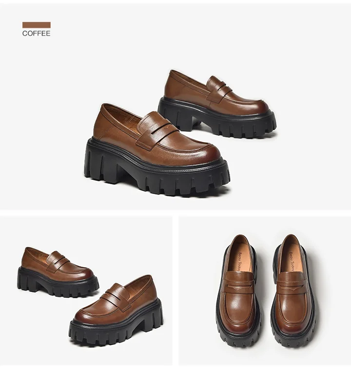 BEAUTODAY Platform Penny Loafers Women Genuine Cow Leather Round Toe 2023 Slip On Chunky Sole Ladies Casual Shoes Handmade 27733