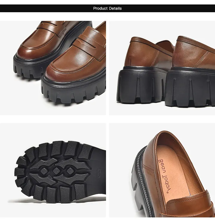BEAUTODAY Platform Penny Loafers Women Genuine Cow Leather Round Toe 2023 Slip On Chunky Sole Ladies Casual Shoes Handmade 27733