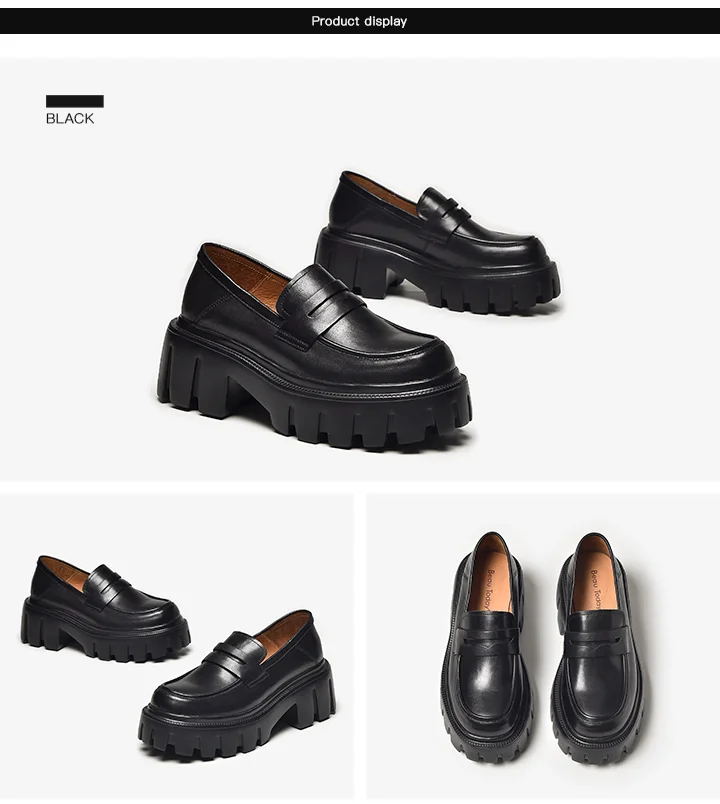 BEAUTODAY Platform Penny Loafers Women Genuine Cow Leather Round Toe 2023 Slip On Chunky Sole Ladies Casual Shoes Handmade 27733
