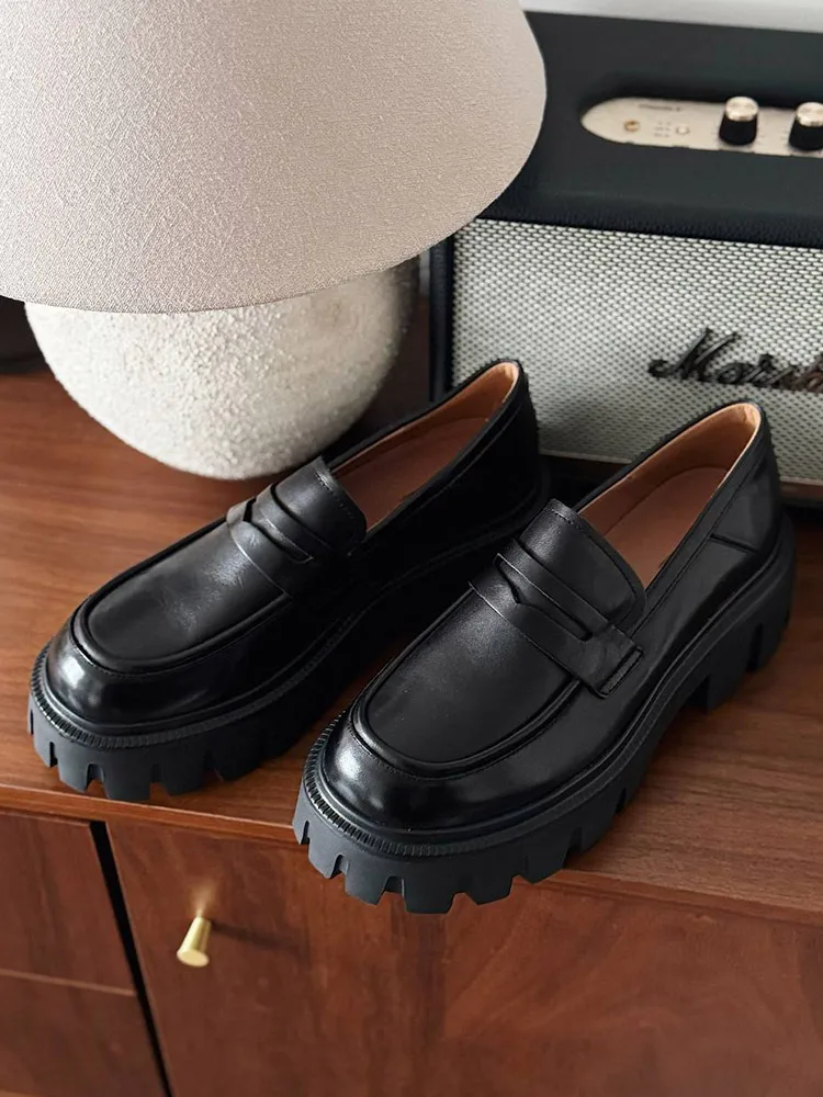 BEAUTODAY Platform Penny Loafers Women Genuine Cow Leather Round Toe 2023 Slip On Chunky Sole Ladies Casual Shoes Handmade 27733