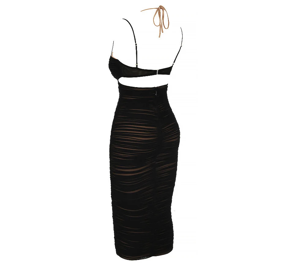 Sexy Backless Pleated Zou Suspender Dress Fashion and Elegant Black Tight-Fitting Mid-Length Dress