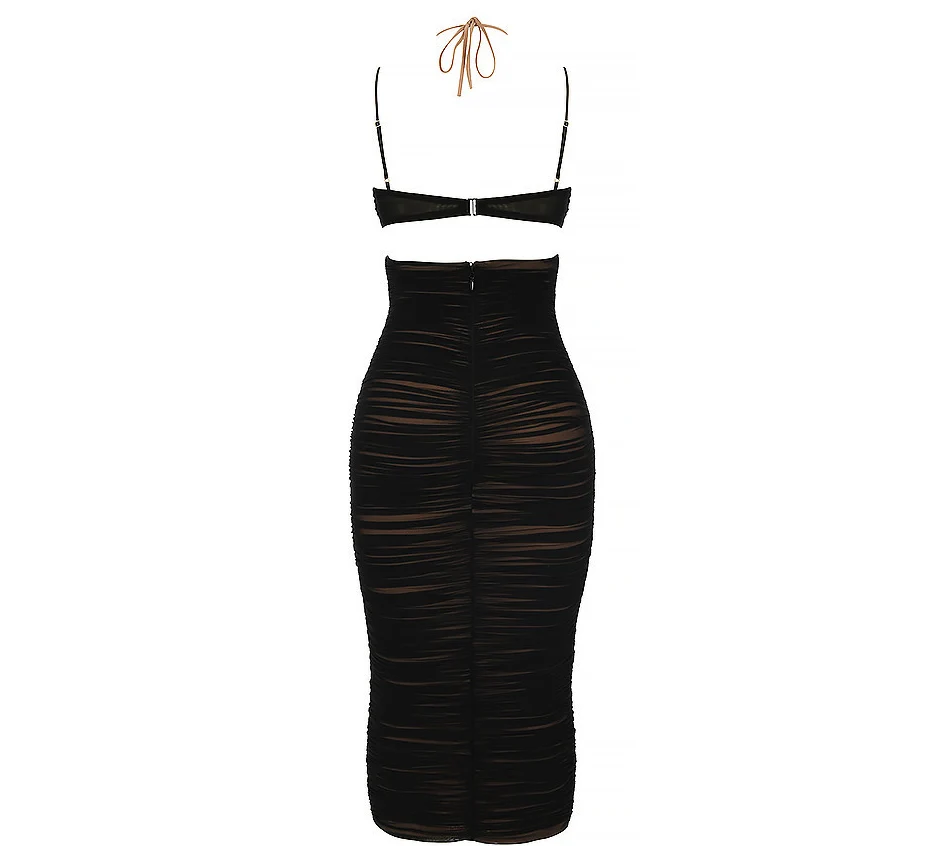 Sexy Backless Pleated Zou Suspender Dress Fashion and Elegant Black Tight-Fitting Mid-Length Dress