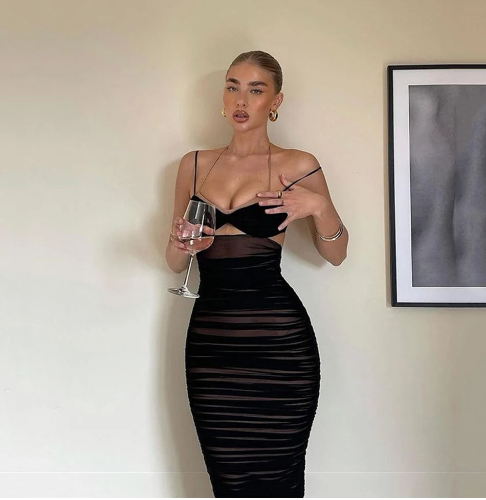 Sexy Backless Pleated Zou Suspender Dress Fashion and Elegant Black Tight-Fitting Mid-Length Dress