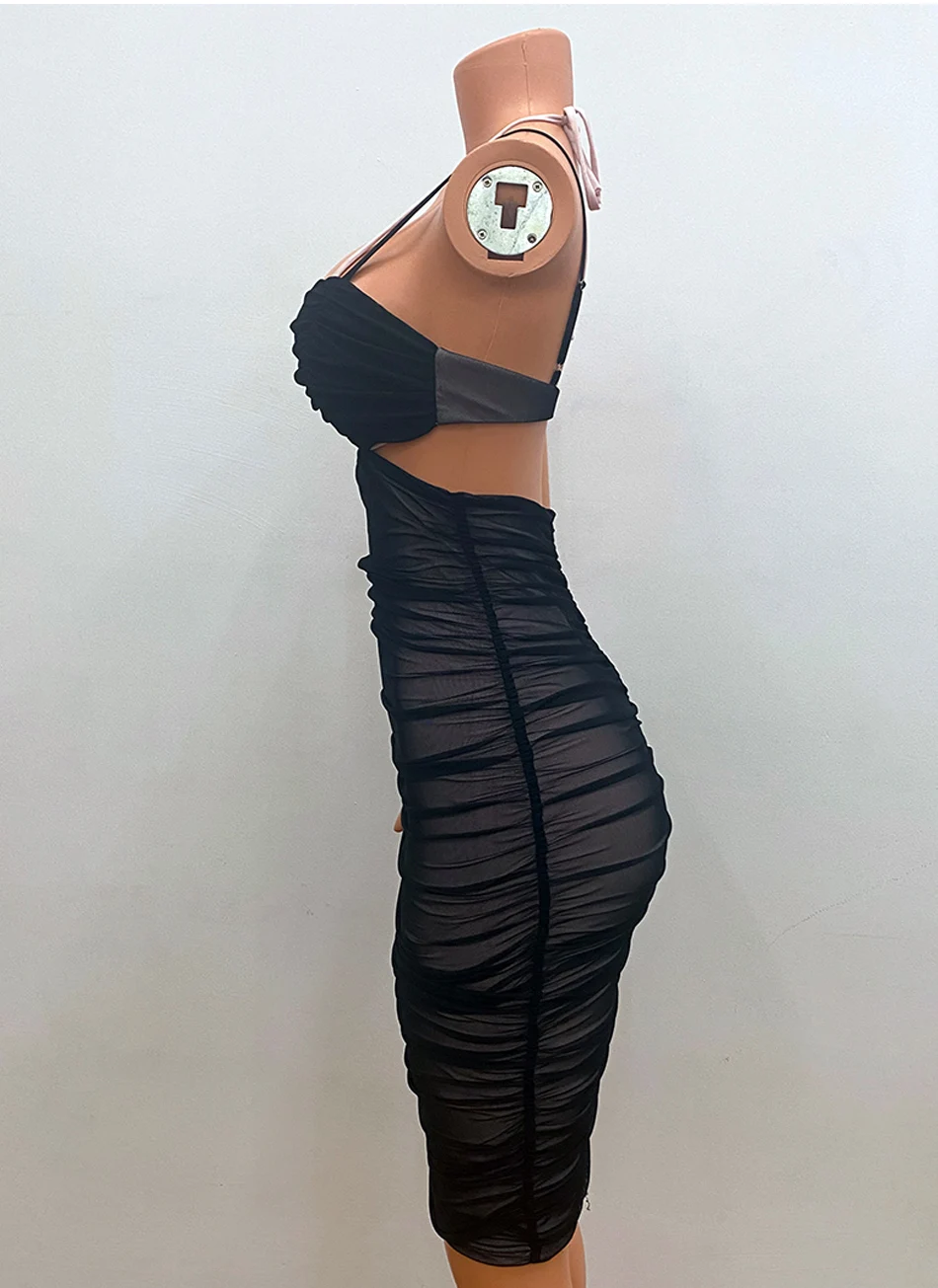 Sexy Backless Pleated Zou Suspender Dress Fashion and Elegant Black Tight-Fitting Mid-Length Dress