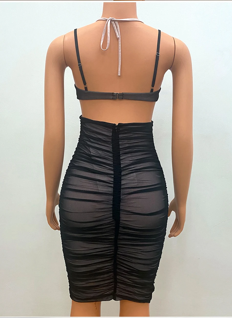 Sexy Backless Pleated Zou Suspender Dress Fashion and Elegant Black Tight-Fitting Mid-Length Dress