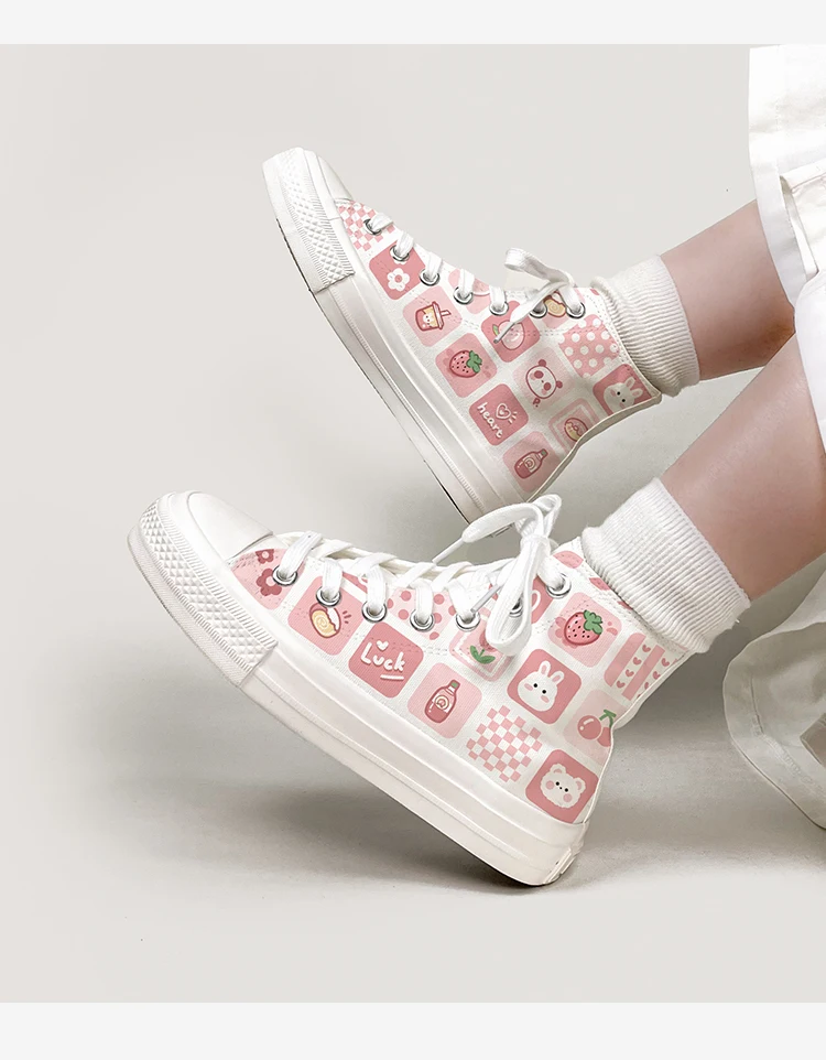 Amy and Michael Sweet Kawaii Shoes Lovely Girls Students Hand Painted Canvas Sneakers Women High Top Casual Flat Espadrilles
