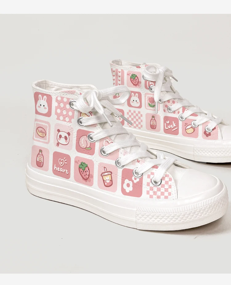 Amy and Michael Sweet Kawaii Shoes Lovely Girls Students Hand Painted Canvas Sneakers Women High Top Casual Flat Espadrilles
