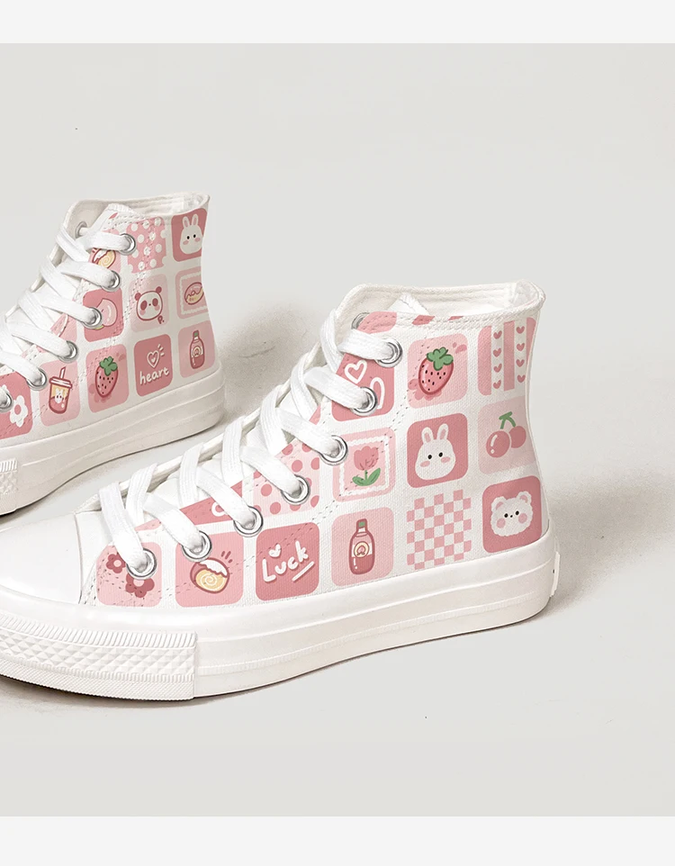 Amy and Michael Sweet Kawaii Shoes Lovely Girls Students Hand Painted Canvas Sneakers Women High Top Casual Flat Espadrilles