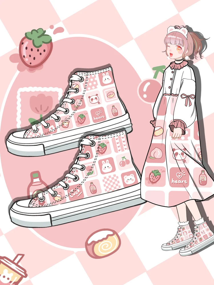 Amy and Michael Sweet Kawaii Shoes Lovely Girls Students Hand Painted Canvas Sneakers Women High Top Casual Flat Espadrilles