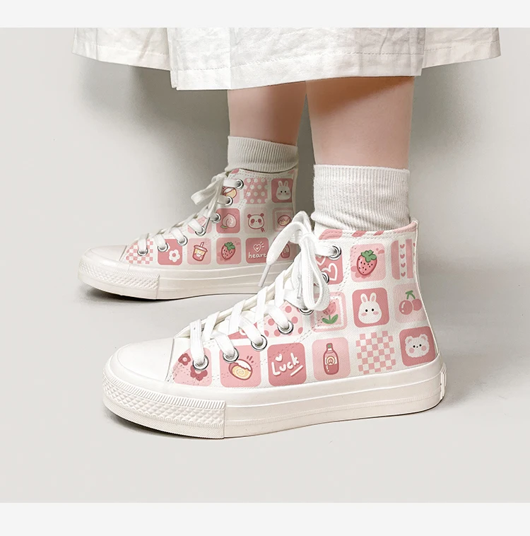 Amy and Michael Sweet Kawaii Shoes Lovely Girls Students Hand Painted Canvas Sneakers Women High Top Casual Flat Espadrilles