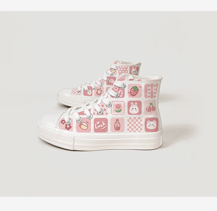 Amy and Michael Sweet Kawaii Shoes Lovely Girls Students Hand Painted Canvas Sneakers Women High Top Casual Flat Espadrilles