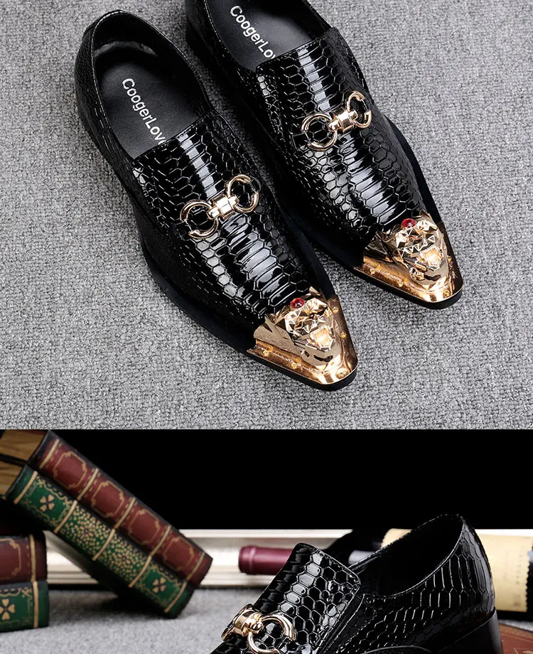 Men's Black Genuine Leather Snake‑Embossed Pointed‑Toe Dress Shoes Dragon Head Decor Luxury Trendy Footwear For Summer Business
