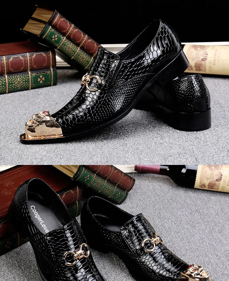 Men's Black Genuine Leather Snake‑Embossed Pointed‑Toe Dress Shoes Dragon Head Decor Luxury Trendy Footwear For Summer Business