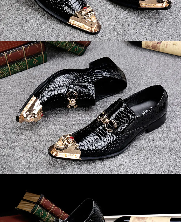 Men's Black Genuine Leather Snake‑Embossed Pointed‑Toe Dress Shoes Dragon Head Decor Luxury Trendy Footwear For Summer Business
