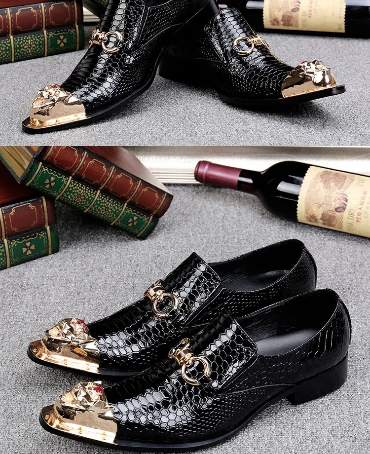 Men's Black Genuine Leather Snake‑Embossed Pointed‑Toe Dress Shoes Dragon Head Decor Luxury Trendy Footwear For Summer Business