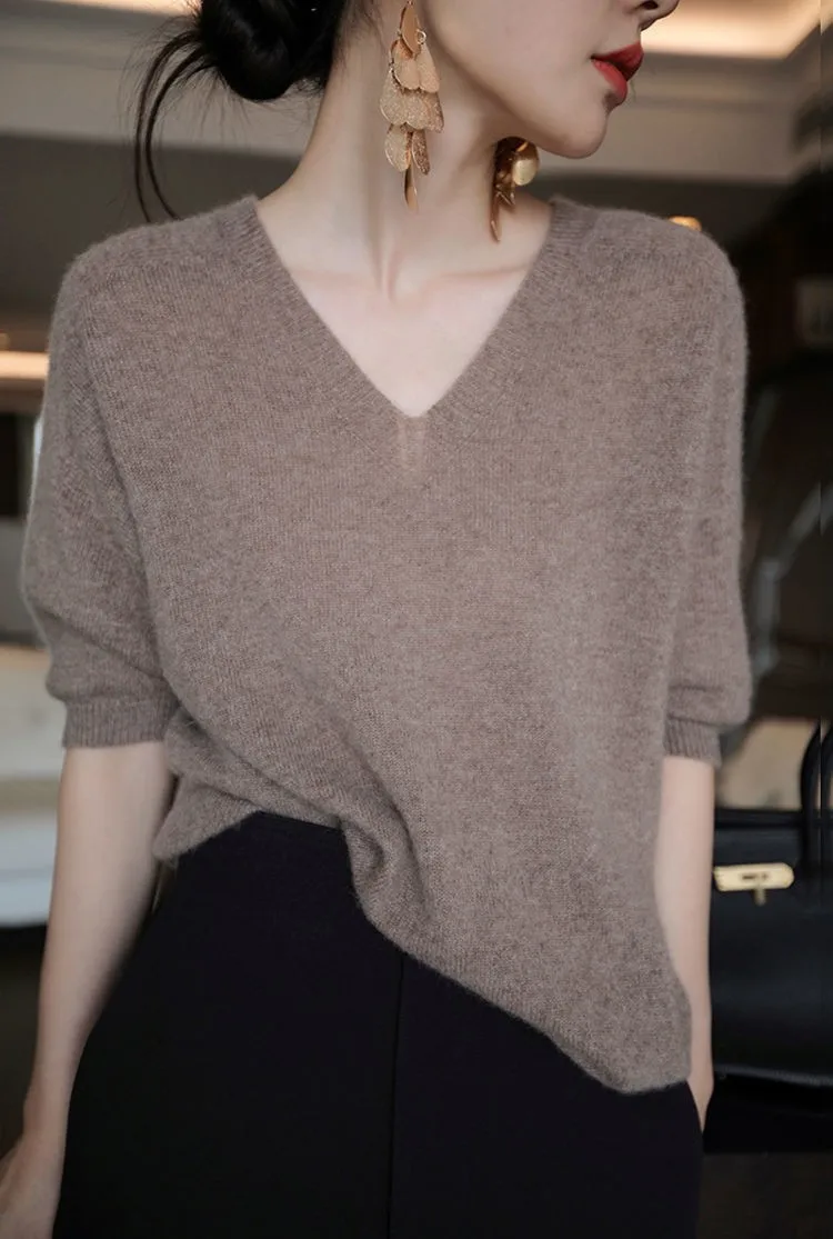 Knitted cashmere short sleeve women loose sleeves T-shirt jacket spring and autumn V-neck head slimming wool half sleeve