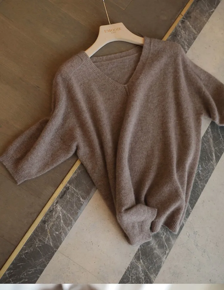 Knitted cashmere short sleeve women loose sleeves T-shirt jacket spring and autumn V-neck head slimming wool half sleeve