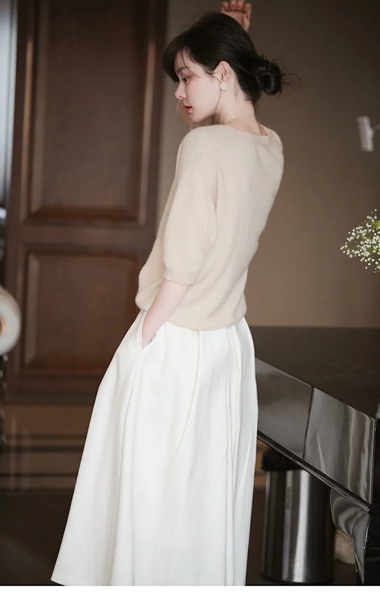 Knitted cashmere short sleeve women loose sleeves T-shirt jacket spring and autumn V-neck head slimming wool half sleeve