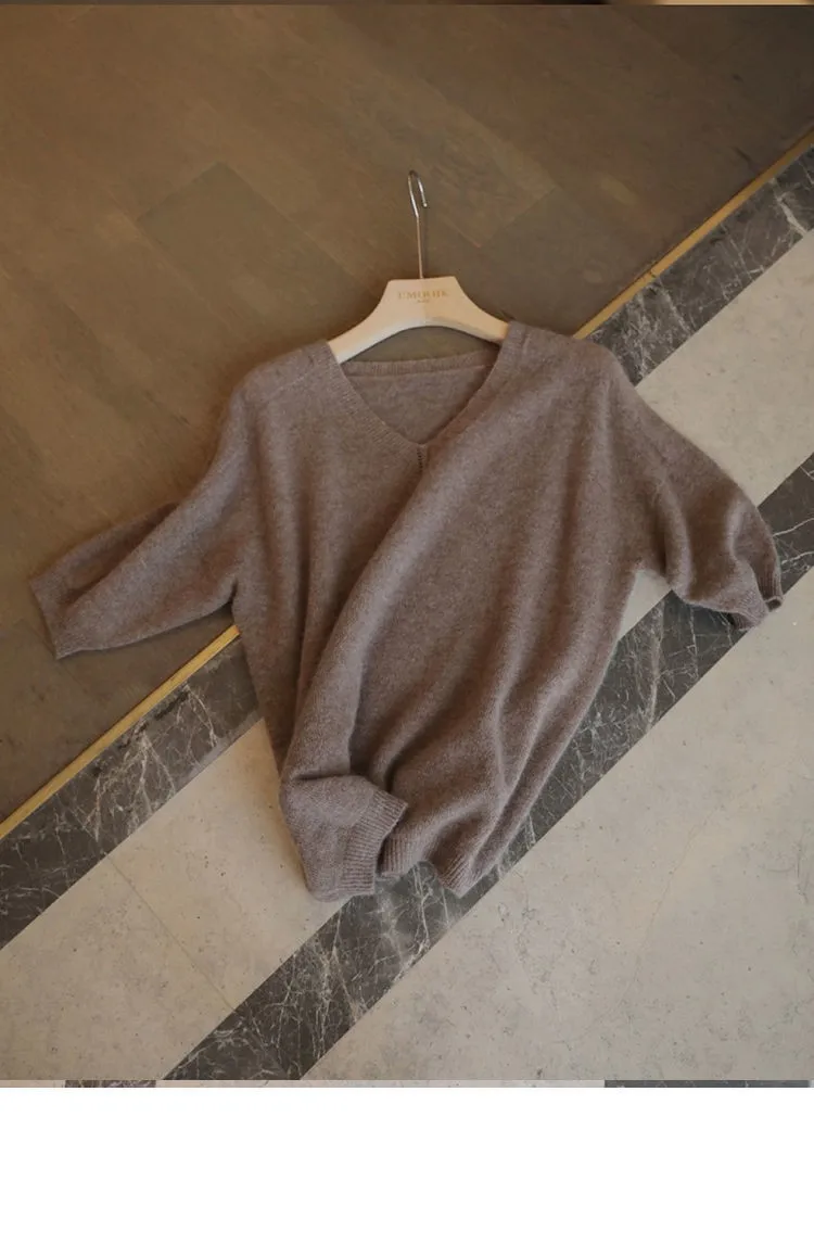 Knitted cashmere short sleeve women loose sleeves T-shirt jacket spring and autumn V-neck head slimming wool half sleeve