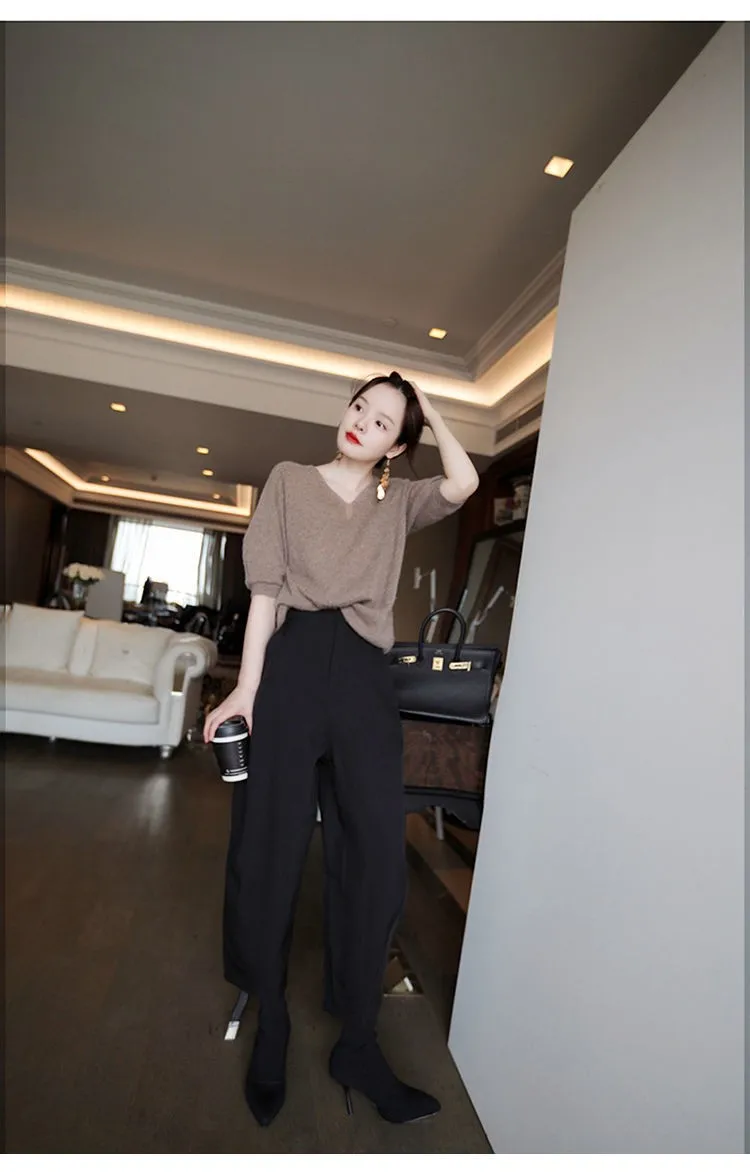 Knitted cashmere short sleeve women loose sleeves T-shirt jacket spring and autumn V-neck head slimming wool half sleeve