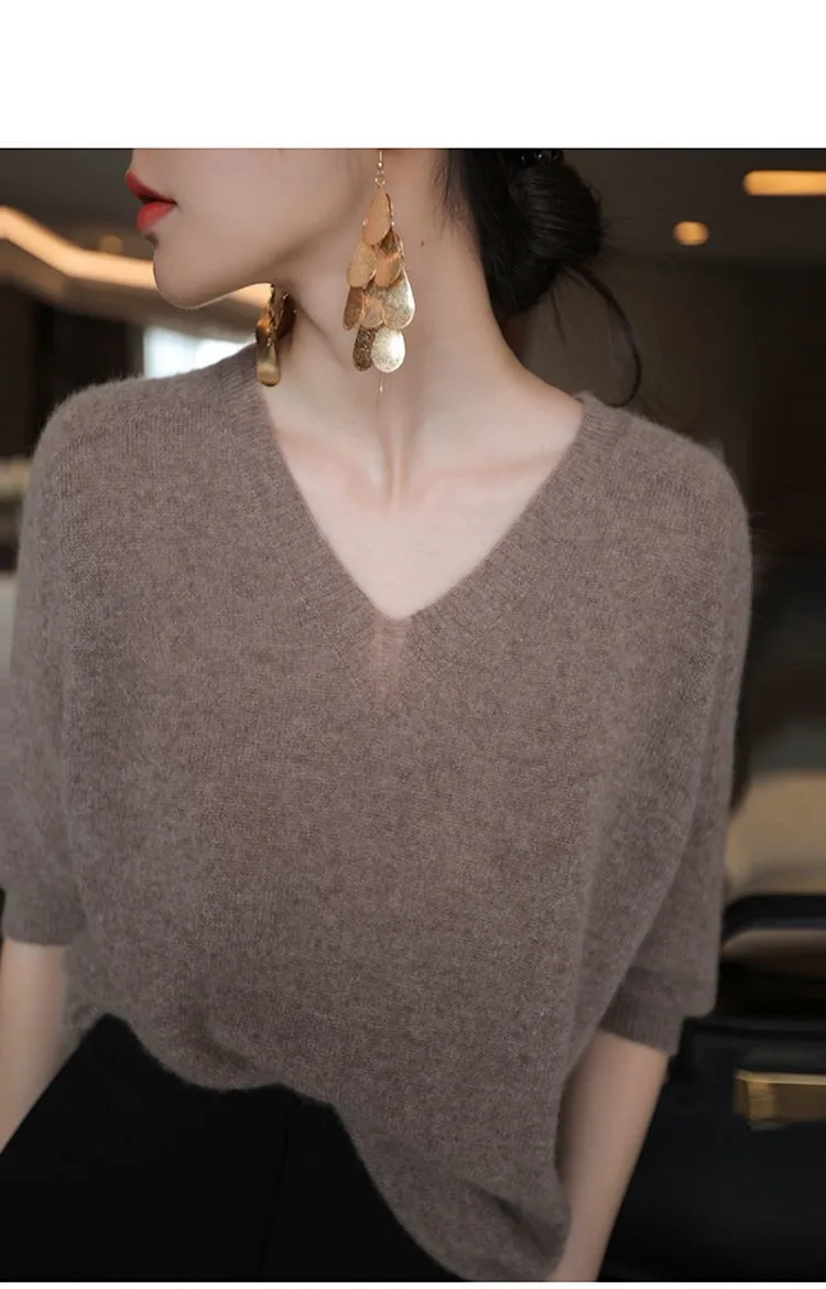 Knitted cashmere short sleeve women loose sleeves T-shirt jacket spring and autumn V-neck head slimming wool half sleeve