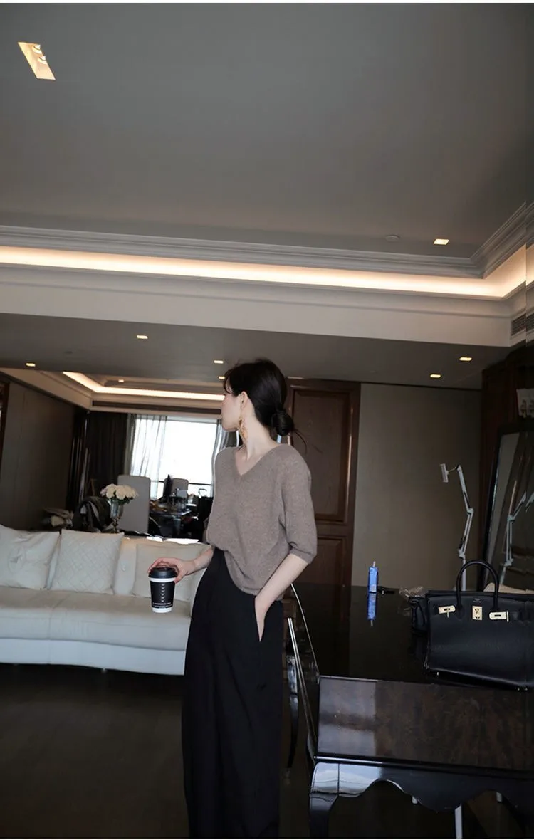 Knitted cashmere short sleeve women loose sleeves T-shirt jacket spring and autumn V-neck head slimming wool half sleeve
