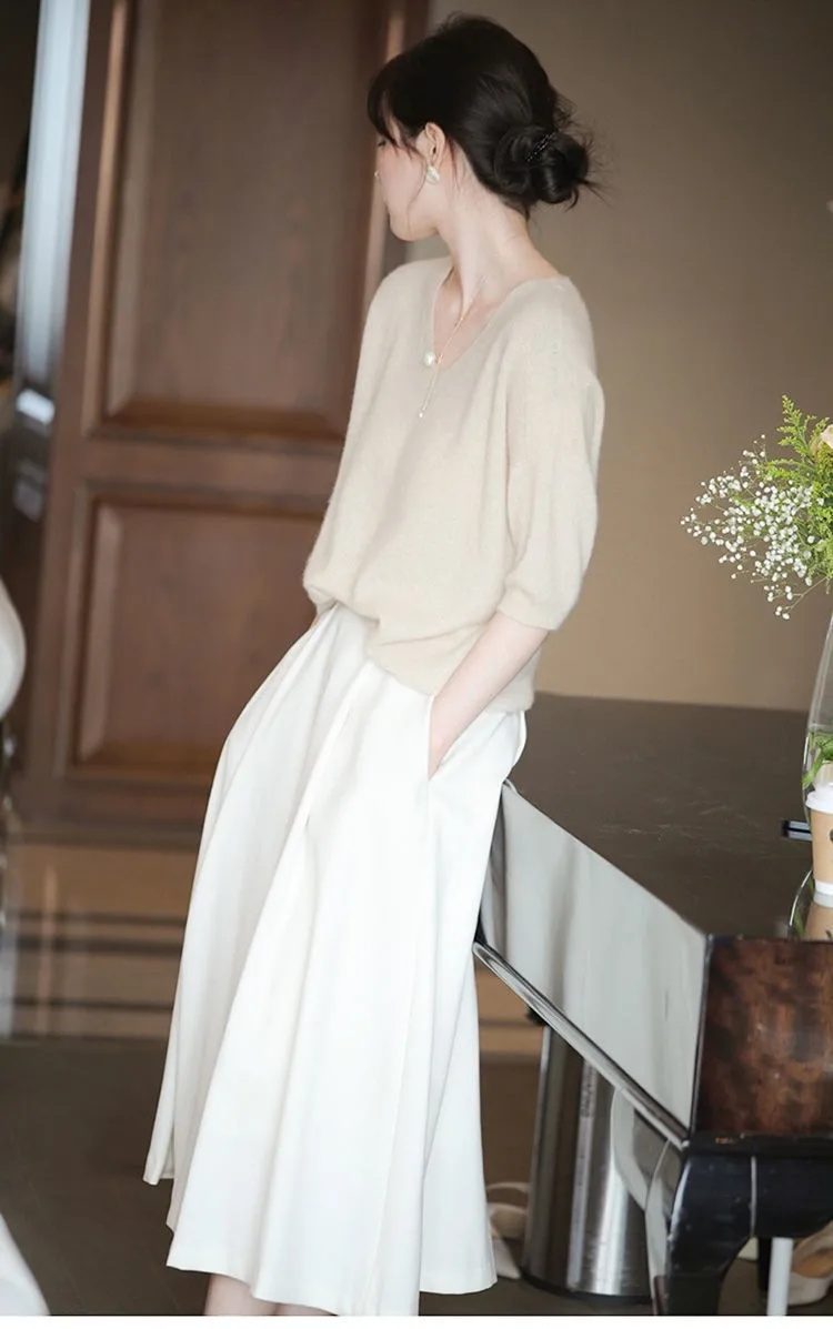 Knitted cashmere short sleeve women loose sleeves T-shirt jacket spring and autumn V-neck head slimming wool half sleeve