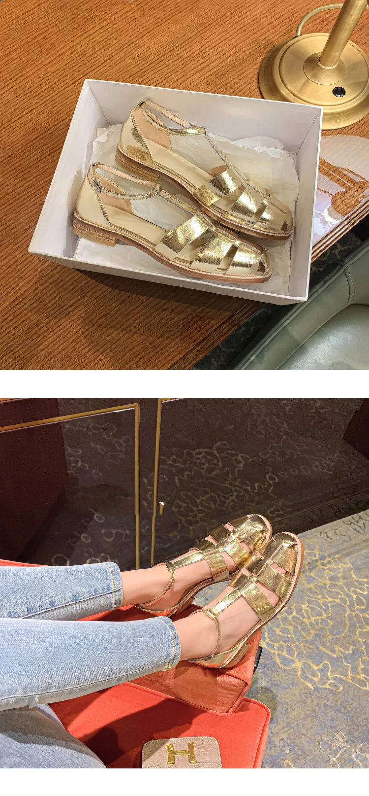 MKKHOU Fashion Sandals Women's New High Quality Leather Gold Flat Shoes Braided T-Ankle Buckle Summer Silver Shoes