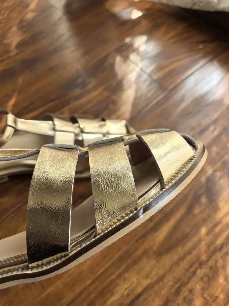 MKKHOU Fashion Sandals Women's New High Quality Leather Gold Flat Shoes Braided T-Ankle Buckle Summer Silver Shoes