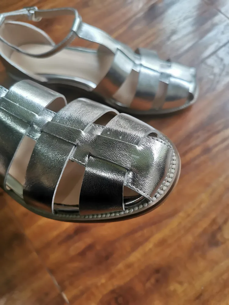 MKKHOU Fashion Sandals Women's New High Quality Leather Gold Flat Shoes Braided T-Ankle Buckle Summer Silver Shoes