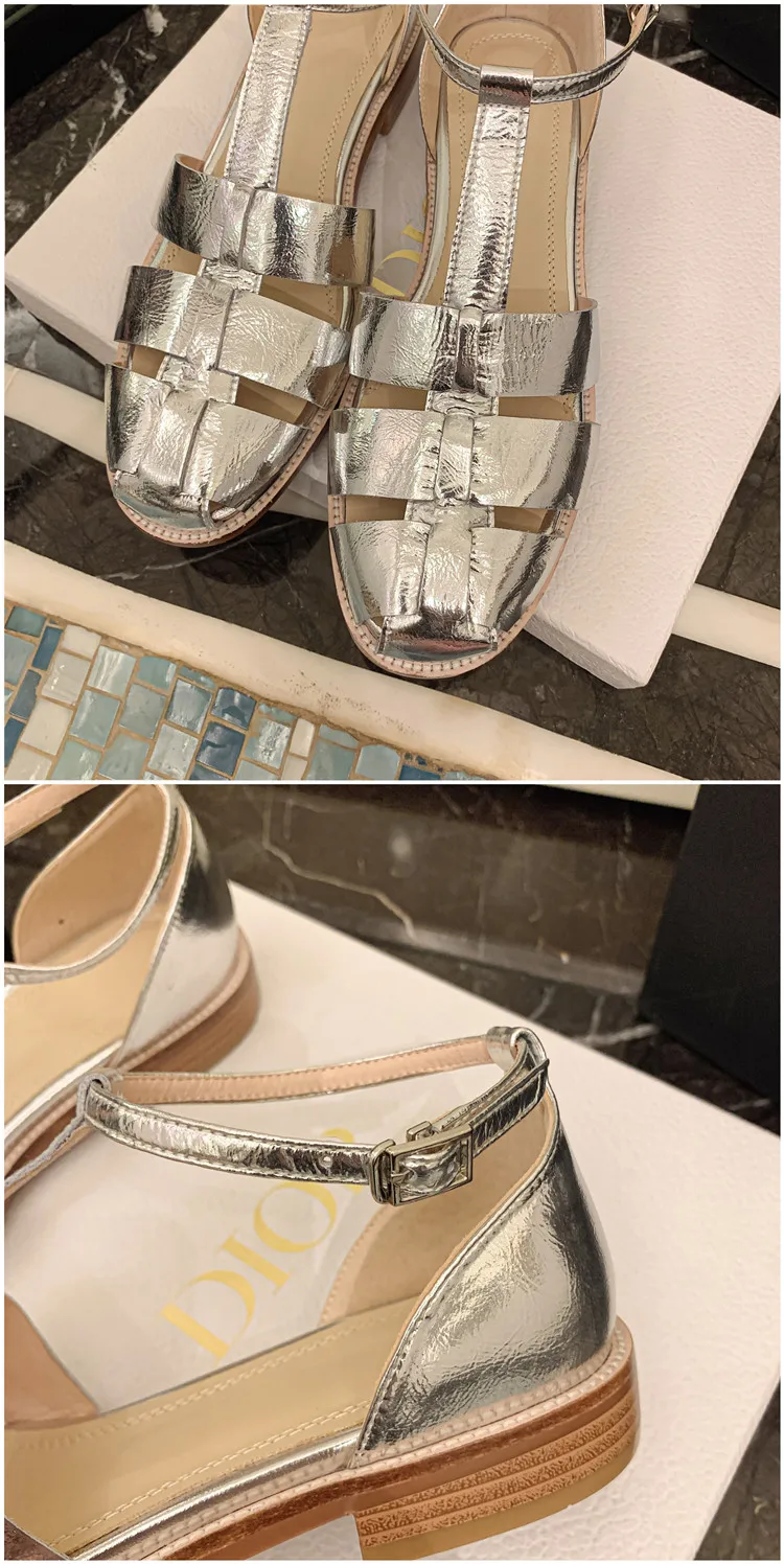 MKKHOU Fashion Sandals Women's New High Quality Leather Gold Flat Shoes Braided T-Ankle Buckle Summer Silver Shoes