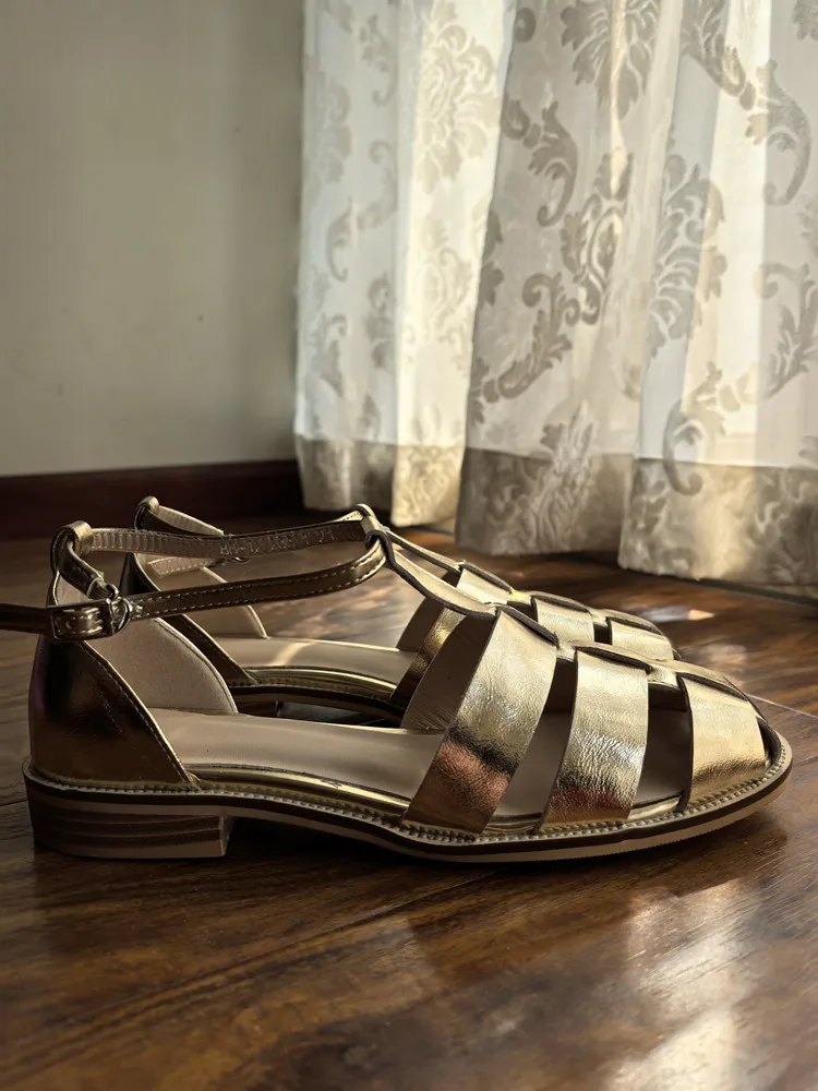 MKKHOU Fashion Sandals Women's New High Quality Leather Gold Flat Shoes Braided T-Ankle Buckle Summer Silver Shoes