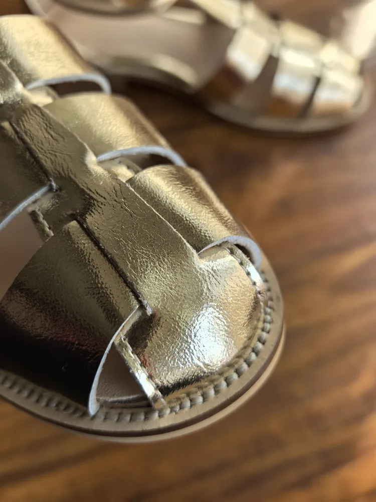 MKKHOU Fashion Sandals Women's New High Quality Leather Gold Flat Shoes Braided T-Ankle Buckle Summer Silver Shoes