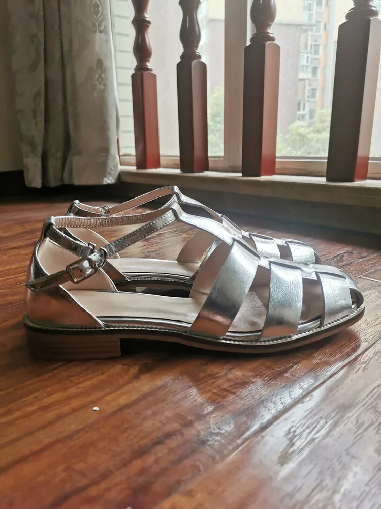 MKKHOU Fashion Sandals Women's New High Quality Leather Gold Flat Shoes Braided T-Ankle Buckle Summer Silver Shoes