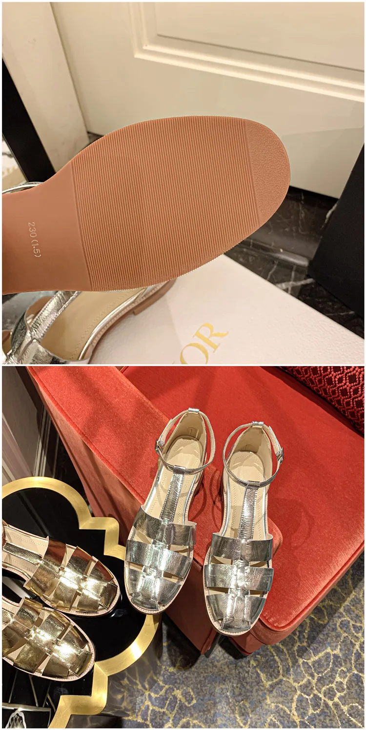 MKKHOU Fashion Sandals Women's New High Quality Leather Gold Flat Shoes Braided T-Ankle Buckle Summer Silver Shoes