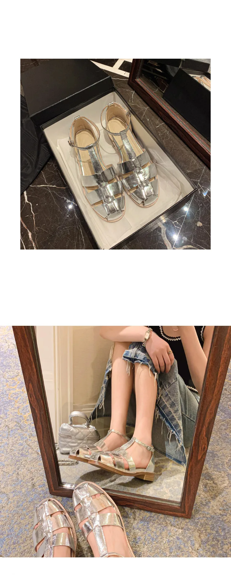 MKKHOU Fashion Sandals Women's New High Quality Leather Gold Flat Shoes Braided T-Ankle Buckle Summer Silver Shoes