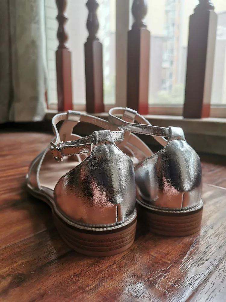 MKKHOU Fashion Sandals Women's New High Quality Leather Gold Flat Shoes Braided T-Ankle Buckle Summer Silver Shoes
