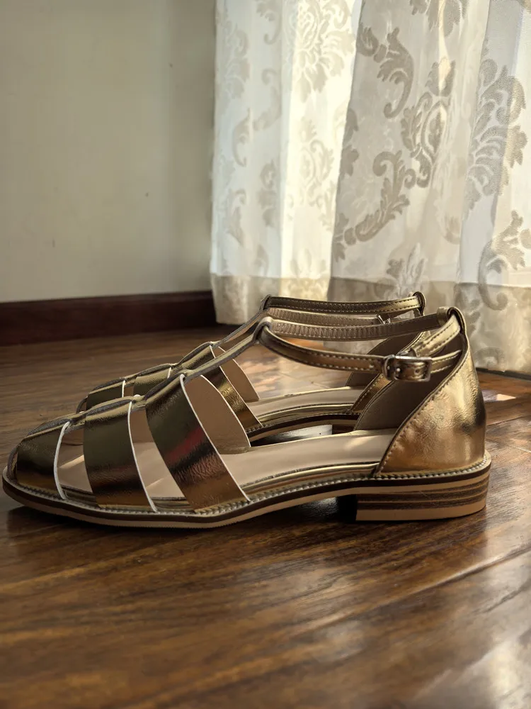 MKKHOU Fashion Sandals Women's New High Quality Leather Gold Flat Shoes Braided T-Ankle Buckle Summer Silver Shoes