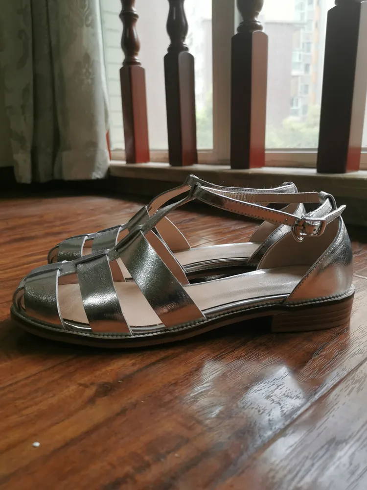 MKKHOU Fashion Sandals Women's New High Quality Leather Gold Flat Shoes Braided T-Ankle Buckle Summer Silver Shoes