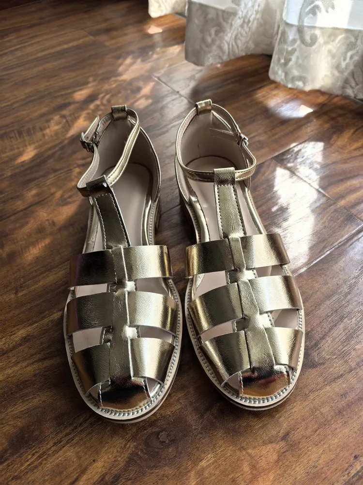 MKKHOU Fashion Sandals Women's New High Quality Leather Gold Flat Shoes Braided T-Ankle Buckle Summer Silver Shoes