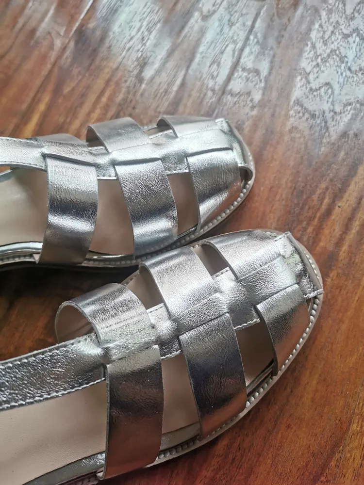 MKKHOU Fashion Sandals Women's New High Quality Leather Gold Flat Shoes Braided T-Ankle Buckle Summer Silver Shoes