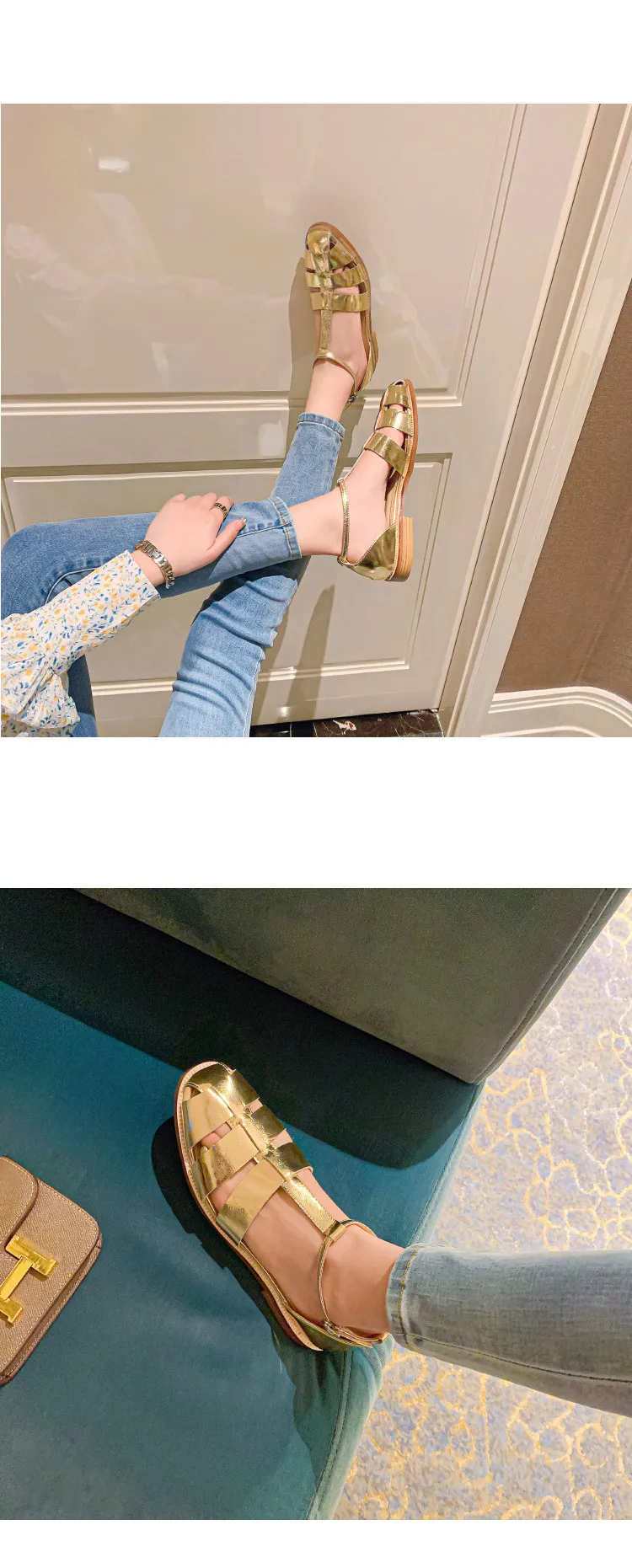 MKKHOU Fashion Sandals Women's New High Quality Leather Gold Flat Shoes Braided T-Ankle Buckle Summer Silver Shoes
